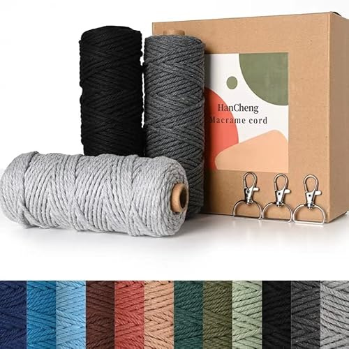 HanCheng 60m x 3mm Hilo Macrame Colores Degradado Juego de 3,Macrame Kit Colorido con 3 Llaveros—Gris Degradado:Negro,Gris Oscuro,Gris Claro