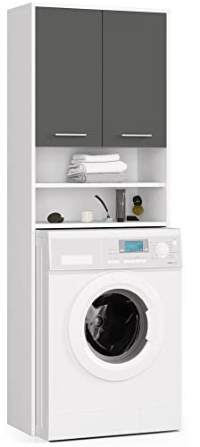 AKORD | Armadio Pensile per Lavatrice | Armadio di trasformazione con 2 ante, 2 Ripiani Aperti | Archivio per bagno | Cassettiera per lavatrice | 64x180x30 cm | Peso 30 kg | Bianco/Grigio grafite