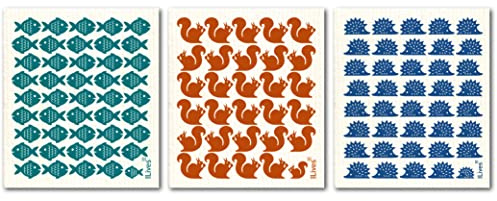 Ninelives 3 Spültücher: Eichhörnchen, Fische, Igel | Putztücher aus Baumwolle und Cellulose (Holz) für Geschirr, Küche, Bad | Schwamm, Putzlappen