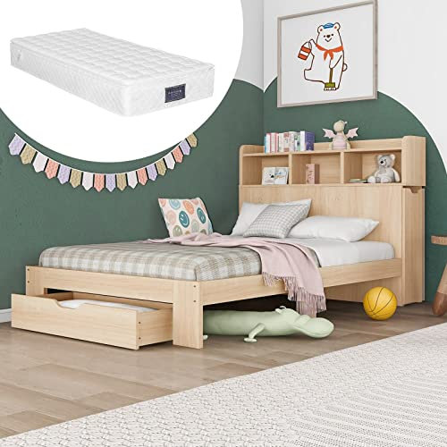 Banemi Stauraumbett 90X200, Bett Für Kinder Natürlich Massivholz mit Schubladen und Bücherregal Bettkasten (mit Matratze)