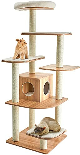 COSTWAY Árbol Rascador para Gatos de 175 cm, Torre para Gatos de Madera, con Plataformas Multiniveles, Rascadores y Columnas de Cuerdas de Sisal, Casa para Gato Recubierta en Tejido Afelpado, Natural