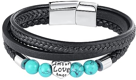Feilok Herz Perle Armband Herren Leder Armband Naturstein Geflochtenes Armband Armreif Manschette Lederarmband für Männer mit Magnetverschluss