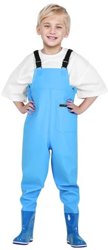 Wathose für Jungen und Mädchen, Wathose für Kinder wasserdichte Regenhose Gummistiefel 2 in 1 mit Stiefeln Sohle Junior Hosenträger Matschhose Regenstiefel rutschfeste für 2-15 Jahre