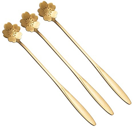 OKUMEYR 3 Stk Rührlöffel Mit Langem Griff Kaffeelöffel Umrühren Barlöffel Umrühren Goldene Vorlegelöffel Langstielige Löffel Teelöffel Aus Edelstahl Blumentyp Kuchenlöffel