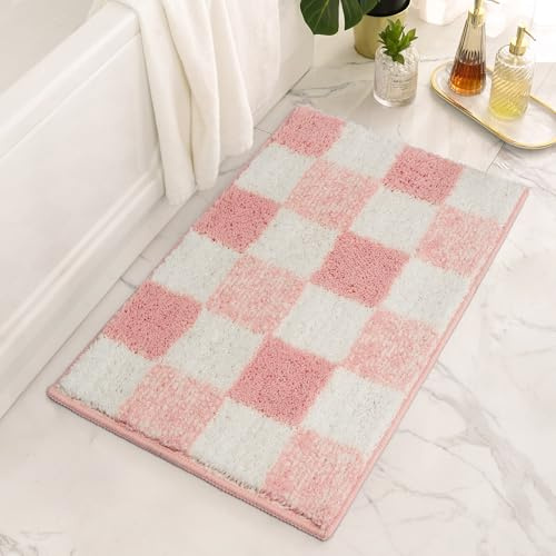 GRANNY SAYS Checkered Pink Bathroom Rugs Decor, 24 x 16, Fluffy Rug, Absorbent Microfiber Ultra Soft Bath Mat Washable, Non-Slip Bath Mats for Bathroom, Cute Floor Mat for Tub, Shower, Bedroom