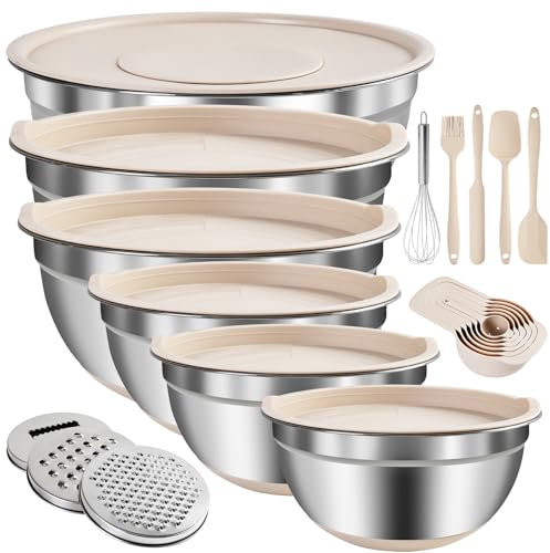 Rührschüsseln mit luftdichtem Deckel, 20-teiliges Küchenhelfer-Set, 6 Edelstahl-Schüsseln, 3 Reibeaufsätze, rutschfeste Silikonunterseite, ideal zum Servieren und Backen, Größe 5, 4, 3,5, 2,1, 1,5