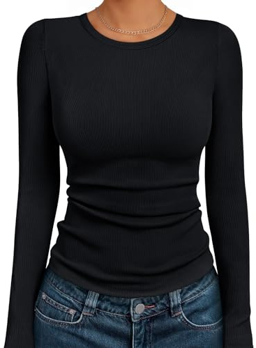 AUTOMET Women's Ribbed Long Sleeve Basic Top - Soft Stretch Crewneck Shirt for Work & Casual Black S
