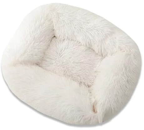 M&Catree Hundebett waschbar Flauschiges Katzenbett Katzenschlafplatz für Katzen Kleine Mittelgroße Hunde Plüsch Katzenkissen Kuschelbett - Weiß, S: 55 * 45 * 20cm