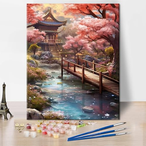 TISHIRON Peinture par numéros - Kit de construction pour adultes - Cerise - Peinture acrylique par numéros - Avec pinceaux - Peinture à l'huile - Mur de maison - 40 x 50 cm - Sans cadre