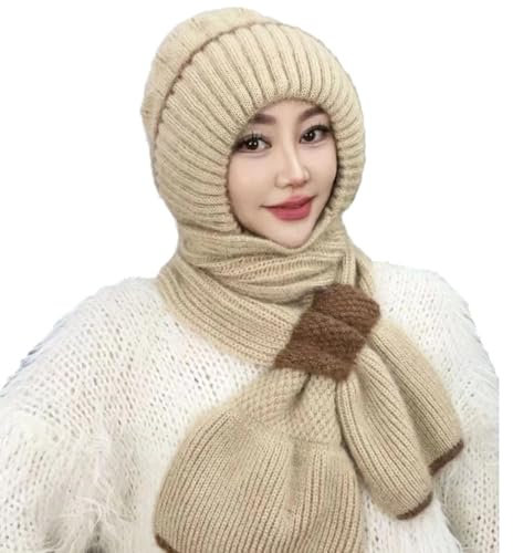 JPSSJGYH Winddichter Mützenschal mit integriertem Ohrenschutz, Warmer Winterschal aus Strick, vielseitiger gestrickter Kapuzenschal (Beige,One Size)