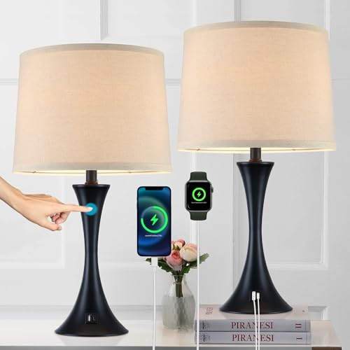 LIT-PaTH Table Lamp for Bedroom Nightstand Set of 2, Bedside Lamps with 3 Way Dimmable Touch Control and USB C+A Charging Ports, Linen Shade Desk Light for Living Room, Black (LED Bulb Not Included)