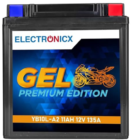 Electronicx, batería de moto GEL YB10L-A2 12V 11Ah 135A CCA – sellada, sin mantenimiento, resistente a vibraciones, compacta y a prueba de fugas – ideal para scooter, quad, ciclomotor, motocicleta