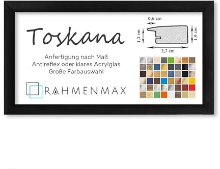 RahmenMax® Toskana Bilderrahmen Bildmaß 40x100 cm zum Aufhängen/Maßanfertigung möglich/MDF Posterrahmen in Schwarz Hochglanz mit Acrylglas Antireflex/Puzzle Rahmen