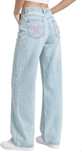 EXARUS Jeans évasés pour filles avec nœud brodé/imprimé léopard avec poches, décontracté, pour enfants de 6 à 14 ans