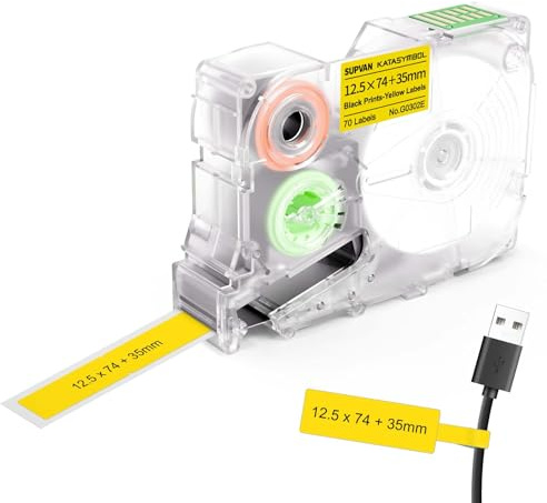 SUPVAN G15M Fähnchenetiketten 12,5 x 74 + 35 mm | 70 Etiketten/Rolle, Thermotransfer-Etiketten für Kabel, Außenbereich und Haushalt, Schwarz auf Gelb
