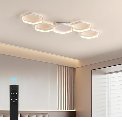 Yuanfenghua LED Deckenleuchte, Deckenlampe Dimmbar mit Fernbedienung Farbwechsel, Wohnzimmerlampe Schlafzimmer moderne Deckenbeleuchtung Kronleuchter Lampe, 90cm, Weiß