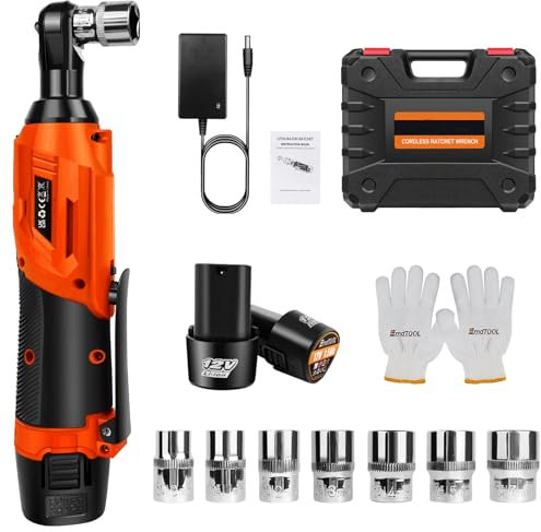 Cordless Ratchet Wrench 3/8'', 12V Electric Ratchet Wrench with 2 x Li-Ion Battery and Fast Charger, LED Light, 7 Pcs Sockets, Max Torque 40N.m, 0-300 RPM