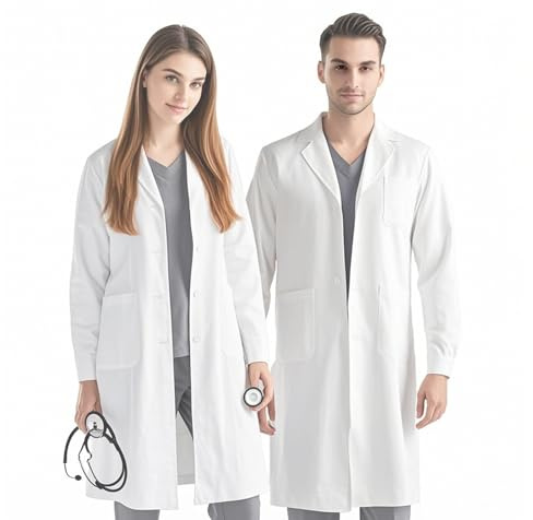 YHNDECO Laboratoriejacka, bomull, medicinsk långärmad jacka med knappar och 3 fickor, laboratorierock, skyddskläder för studier, arbete, laboratorium (XL)