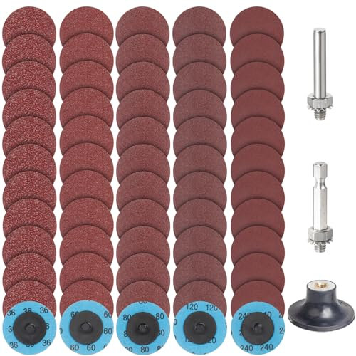PMIQSA 63 Stück Schleifscheiben Set, 2 Zoll (50mm) Roloc Scheiben Schnellwechsel, Körnung 36/60/80/120/240, With 1/4 Holder für Winkelschleifer Metall Holz Stahl Schleifen Polieren