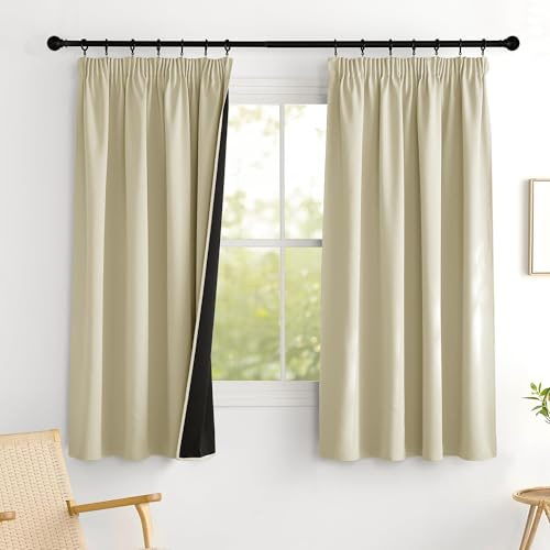 PONY DANCE 100% Blickdichte Gardinen Kurz Thermovorhang Hitzeschutz | 2er Set H 160 x B 140 cm, Hellbeige, Verdunklungsvorhänge Wohnzimmer, mit Kräuselband, UV-Schutz, für Schienensystem