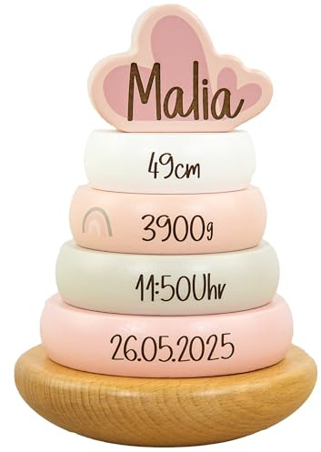 Personalisierter Stapelturm aus Holz in Rosa – Babyspielzeug mit Gravur – Geschenk zur Geburt oder Taufe – Kinderzimmer Deko