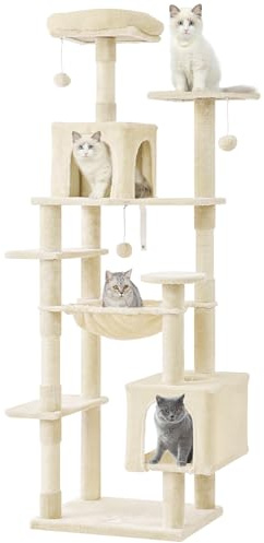 MSmask Gran árbol para gatos estable en L con 2 plataformas, 2 nichos para gatos, columpio, columnas de sisal, árbol de escalada de varios pisos para gatos (beige, 173 cm)