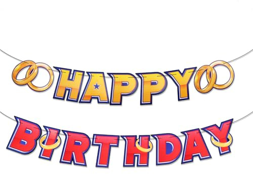 Blaues Happy Birthday Banner mit Goldenem Ring im Cartoon Stil, Vorgespanntes Banner Videospiel Cartoon Motiv mit goldenem Ring Partydekorationszubehör für Jungen und Mädchen