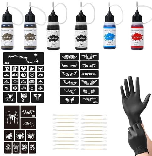Henna Tattoo Set, Komplettset mit 6 Flaschen Tinte, Henna Braun Sommersprossen, Henna Schwarz, DIY temporäre Tattoos für Feste und Partys, inklusive 3 Schablonen, Handschuhe und 20 Wattestäbchen