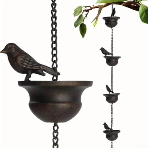 Cadena de lluvia para pájaros al aire libre, atrapador de agua de lluvia de metal inoxidable, adornos de decoración de canalones de jardín con cuenco colgante para pájaros, para techo, patio, patio (8