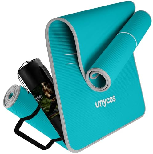 unycos - Tappetino Antiscivolo da Yoga, Pilates e Ginnastica Extra Spesso 10 mm, 183x66 cm | Materassino Fitness, Schiuma NBR, Tracolla, Borsa, E-Book di 50 Esercizi (Ciano/Grigio)