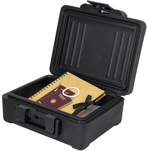HMF Feuerfeste Dokumentenbox DIN A4, wasserdichte Geldkassette abschließbar | 36,5 x 32 x 15,5 cm | Schwarz