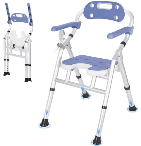 Foldable Shower Chair for Elderly, Height Adjustable Shower Chair with Arms | Anti-Slip Shower Seat, Folding Shower Stool Bath Chair for Elderly, Disabled and Pregnant, 150KG Capacity (White)
