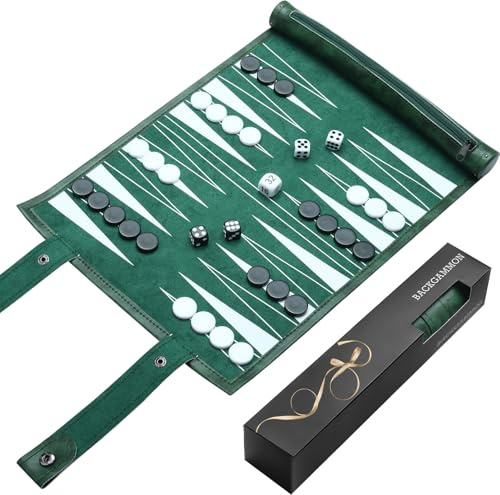 Backgammon de voyage - Jeu de backgammon en bois massif - Jeu de société classique pour les familles, les voyages et les amateurs de stratégie - Portable et durable - Vert foncé