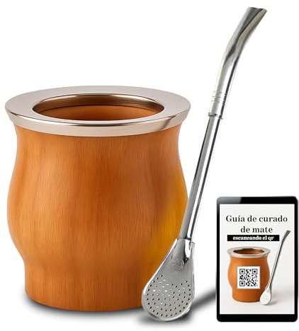 Alevem Calabaza Mate Argentino Kit Madera Estilo Camionero + Bombilla Mate Argentino | Vaso Mate Algarrobo con Virola de Acero Inoxidable para Tomar Yerba Mate