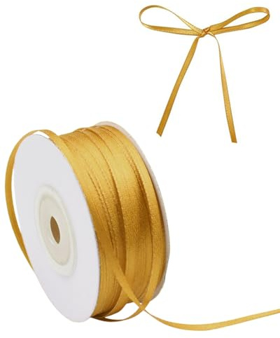 SOVYTH 1 pezzo Nastro Doppio Raso 3mm X 45 Metri per Artigianato, Natale, Decorazioni, Adatto Per confezionare Regali, Feste di Compleanno, Matrimoni, Bomboniere(Oro)