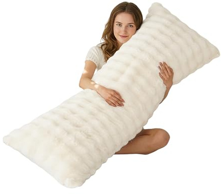 Memfydu Full Body Pillow with Fluffy Bubble Waffle Carved Faux Fur Removable Cover, Long Bed Pillow Adult 20x54 Inches for Side Sleeper and Pregnancy, Beige.