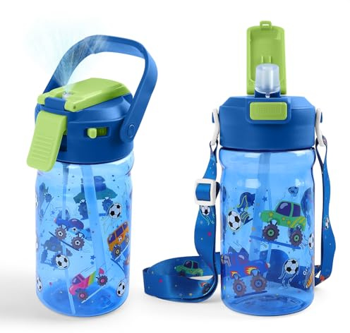 Foyucool 600 ml sportflaska för skola och fritid, lufttät flaska med sportspray och sugrör, robust flaska för barn, perfekt för ryggsäck och cykel, blå traktor