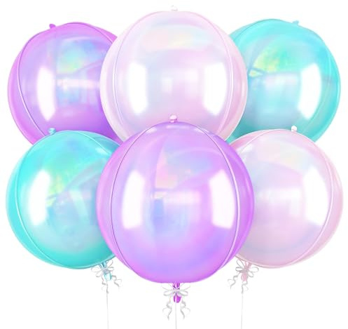 Iridescent Round Foil Balloons, 6 Pcs 4D Clear Ball Balloon, 22 Inch Transparent Gradient Pink Purple Teal Holographic Balloons for Birthday Folding Rainbow Under The Sea Mermaid Party Decoration | Gradient Pink Purple Teal Holographic 4D Ball Balloons for Birthday Folding Rainbow Under The Sea Party Decoration