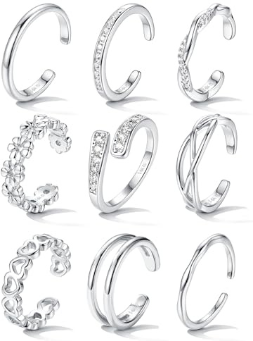 JeweBella 9 PCS Non Tarnish Silver Toe Rings for Women Ladies Adjustable