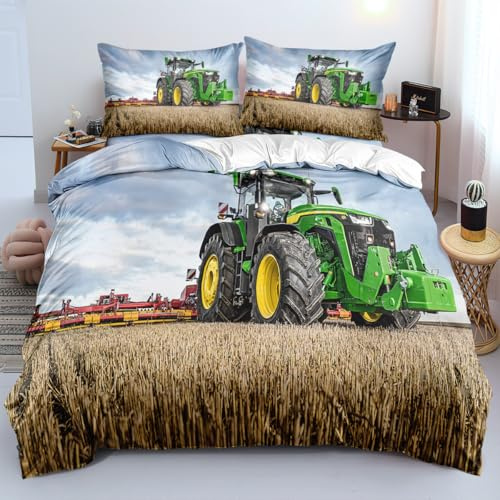 Traktor Bettwäsche Set 135x200 cm, Bauernhof Ländlich, Weich & Hautfreundlich Mikrofaser Trecker Kinderbettwäsche 3teilig, Jungen Mähdrescher Bettbezüge + 2 Kissenbezüge 80x80 mit Reißverschluss A6