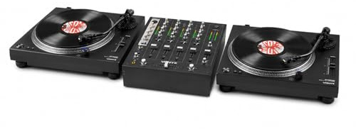 2x Vonyx DT6000 Direct Drive DJ Vinyl Turntables with 4 Channel Mixer and RCA Cables, USB Record Player Deck Setup with AT3600 cartridge for DJ and Home Hi-Fi Use