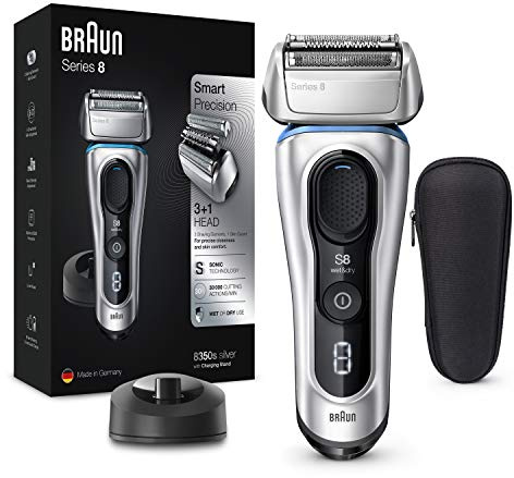 Braun Series 8 Electric Shaver for Men with Precision Trimmer, Charging Stand & Travel Case, Cordless Foil Razor, Wet & Dry, 100% Waterproof, UK 2 Pin Plug, 8350s, Silver Razor