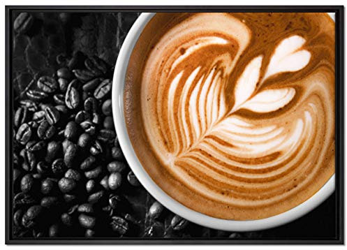Pixxprint edler Kaffee mit Schaumverzierung Leinwandbild 100x70 cm im Bilderahmen, Wandbild, Schattenfugenrahmen, Kein Poster
