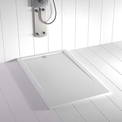 Plato de ducha Resina FLOW Blanco RAL 9003 (con rejilla color)- 70x180 – Textura Pizarra – Antideslizante – Incluye rejilla y sifón
