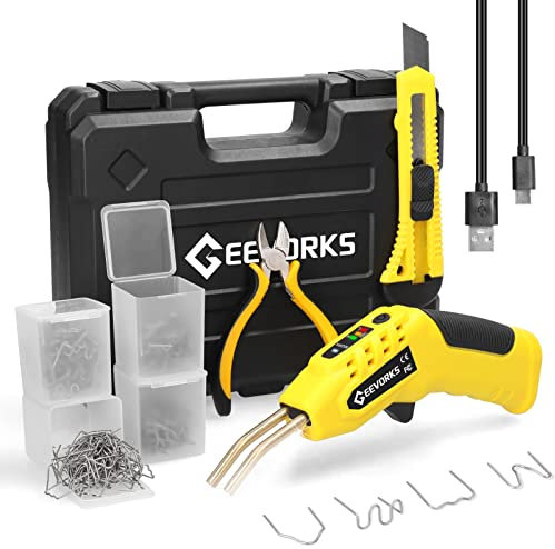 Geevorks Macchina per saldatura plastica portatile da 70 W, graffatrice in caldo di taglio termico, set di attrezzi per riparazione di fori di plastica con 4 scatole di graffette e pinze per auto