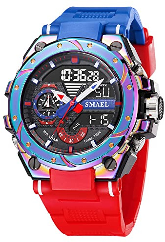 Montres militaires pour hommes - Montre numérique pour sports de plein air - Montre tactique militaire à LED - Chronomètre étanche, D-rouge bleu