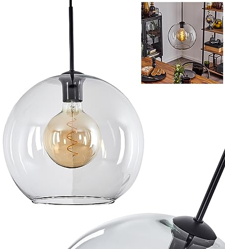 HOFSTEIN Hängeleuchte Koyoto, 1-flammige Hängelampe aus Metall/Glas in Schwarz/Klar, moderne Pendelleuchte im Retro/Vintage-Design, Ø 30 cm, E27, Esszimmer, Küche, Wohnzimmer