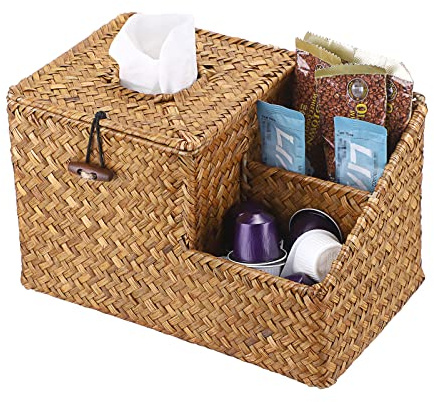 BTSKY Haushaltstücher-Box aus Seegras mit zwei seitlichen Aufbewahrungstaschen, dekorativer gewebter Korbtaschentuchhalter mit multifunktionalen Seitenschlitzen für Fernbedienung, Kosmetik, Stifte,