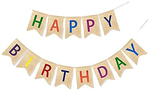 Happy Birthday Geburtstag Sackleinen Banner, perfekte DIY Dekoration Dreieck Flagge Wimpelkette für Geburtstag, Hochzeit, Babydusche, Party und Anderen Feiern (Farbe)