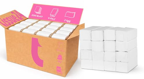 Tissue24 | Falthandtücher V-Falz 2-lagig | 3.200 Blatt | 25×23 cm | Zellstoff hochweiß | Großpack für Büro, Hotel, Arztpraxis & Haushalt